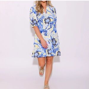 Jude Connally Blue Floral Shirt Dress | Size XS | Stretch Knit Resort Wear